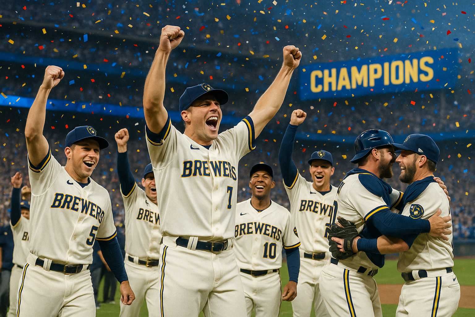 Milwaukee Brewers celebrating on the field, symbolizing their historic winning streak and World Series potential.