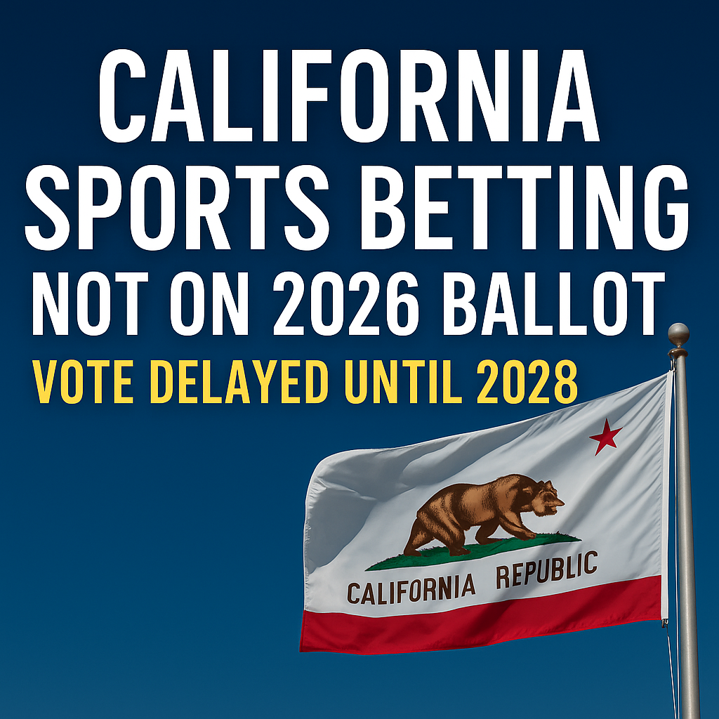 A judge's gavel rests on a map of California, illustrating the repeated delay of legalized sports betting in the state.