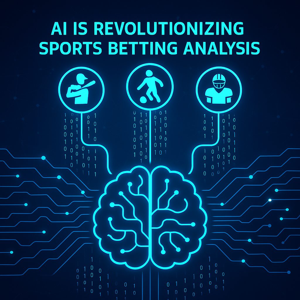A futuristic graphic showing data streams and player icons flowing into a brain, symbolizing how AI is revolutionizing sports betting analysis.
