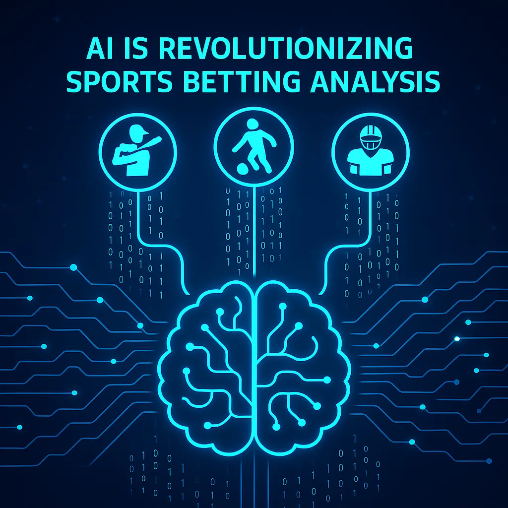 A futuristic graphic showing data streams and player icons flowing into a brain, symbolizing how AI is revolutionizing sports betting analysis.