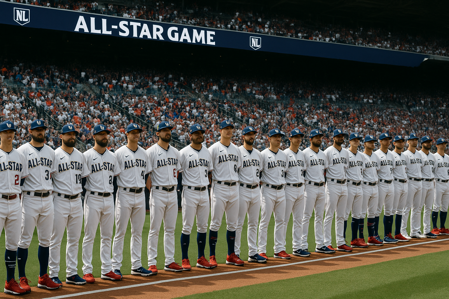 A graphic for the 2025 MLB All-Star game featuring prominent pitchers like Paul Skenes and Garrett Crochet.