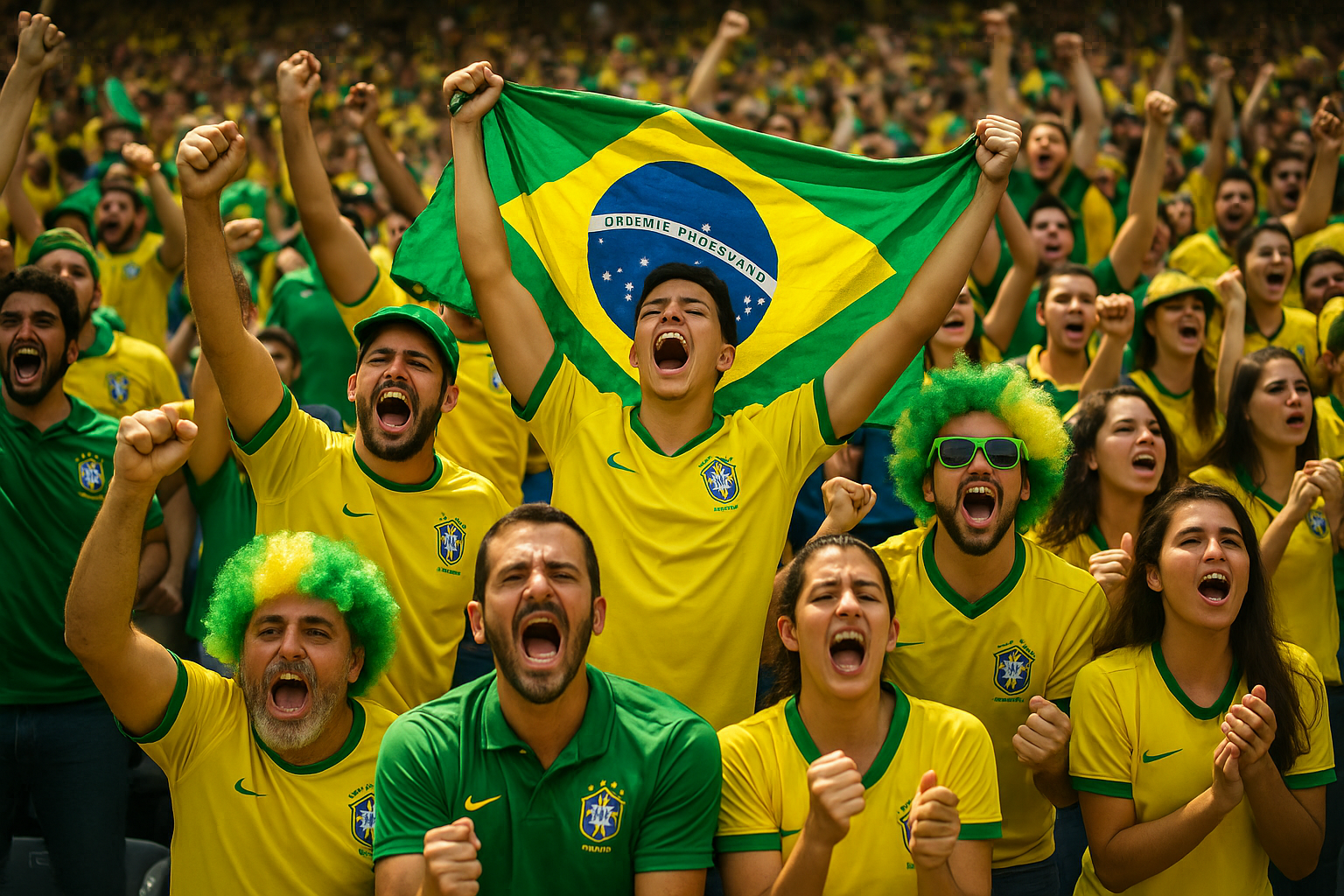 Brazilian soccer fans celebrating in stadium