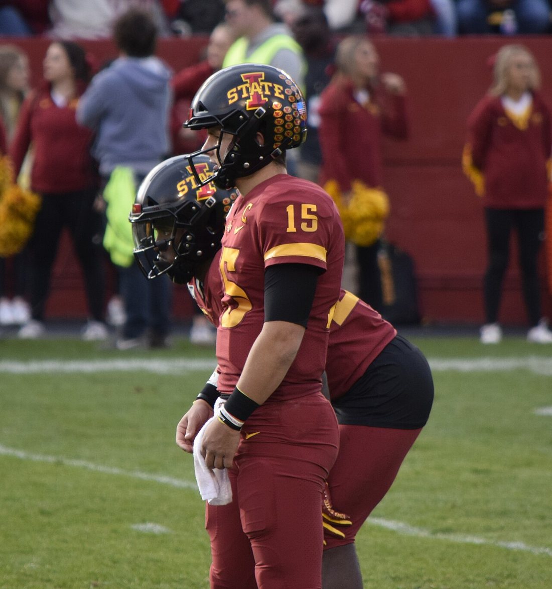 Brock Purdy wearing number 15 and a captain's patch for Iowa State against Oklahoma State in 2019