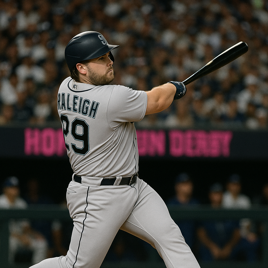 Cal Raleigh of the Seattle Mariners swings during his historic 2025 MLB Home Run Derby victory.