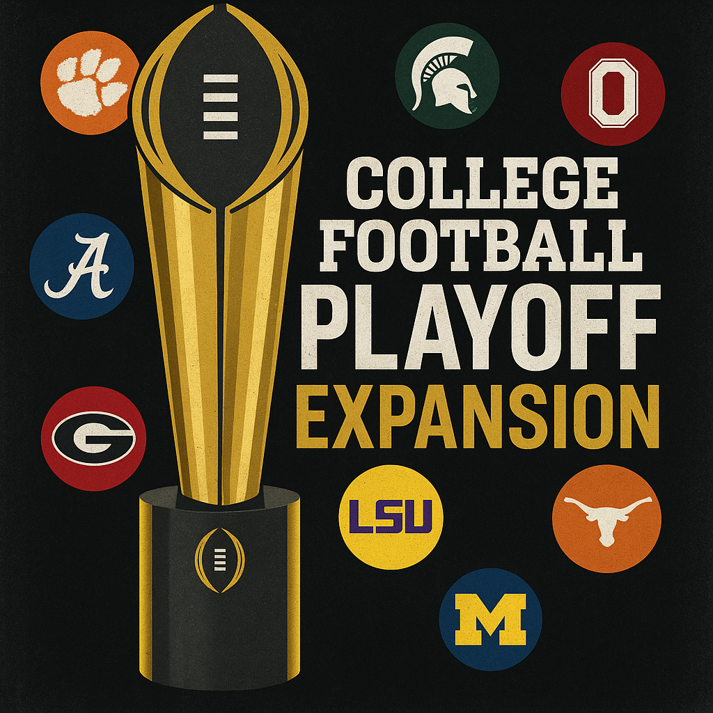 College Football Playoff trophy surrounded by 12 team helmets representing the expanded playoff format
