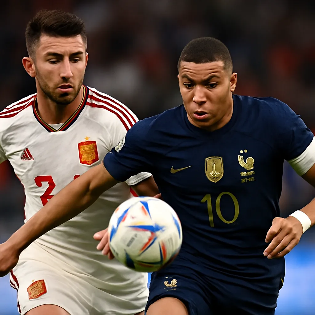Soccer stars Kylian Mbappé and Dani Carvajal competing for the ball during a match.