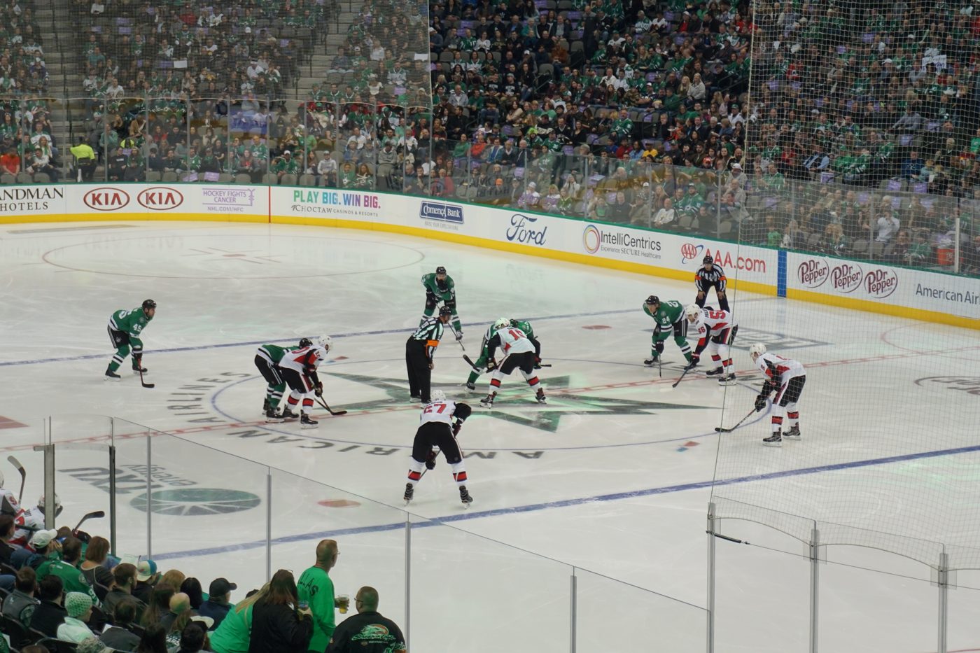 Dallas Stars taking a faceoff at American Airlines Center