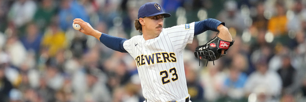 Brandon Sproat Milwaukee Brewers right-handed starting pitcher delivering against the Arizona Diamondbacks at American Family Field on a Wednesday-night MLB matchup with the Diamondbacks team total set at 4.5