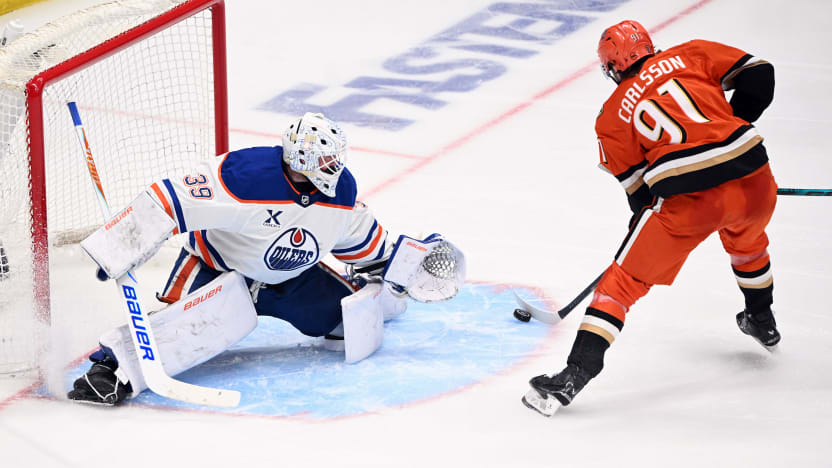Leo Carlsson Anaheim Ducks center attacks the Edmonton Oilers crease in Game 3 of the 2026 Western Conference First Round at Honda Center