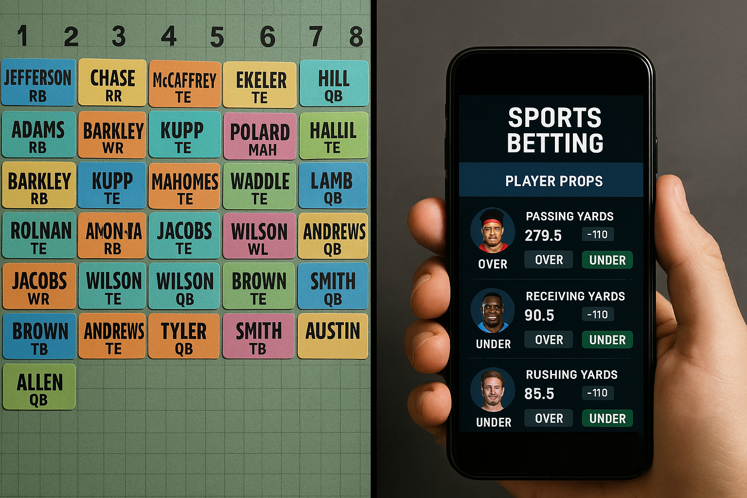 A split screen showing a fantasy football draft board on one side and a sports betting app with player props on the other, symbolizing the connection between the two activities.