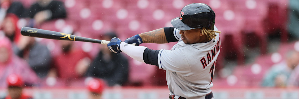 Jose Ramirez Cleveland Guardians third baseman centered action photo at the plate Kauffman Stadium Guardians ML plus 109 vs Royals Bibee Wacha sharp money pick May 4 2026