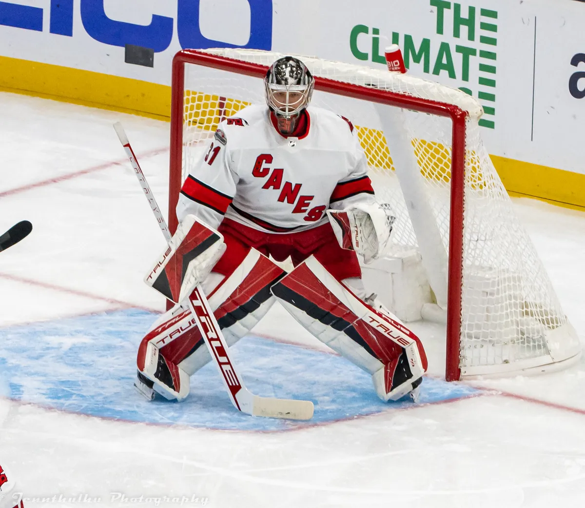 Frederik Andersen Carolina Hurricanes goaltender centered action photo making a save Game 3 second round Stanley Cup playoffs vs Philadelphia Flyers Xfinity Mobile Arena under 5.5 May 7 2026