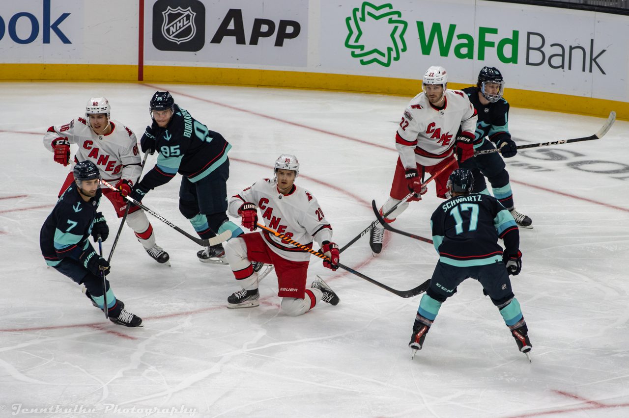 Sebastian Aho and the Carolina Hurricanes forwards in game action, the group carrying Carolina into a Stanley Cup Final Game 6 close-out chance in Las Vegas