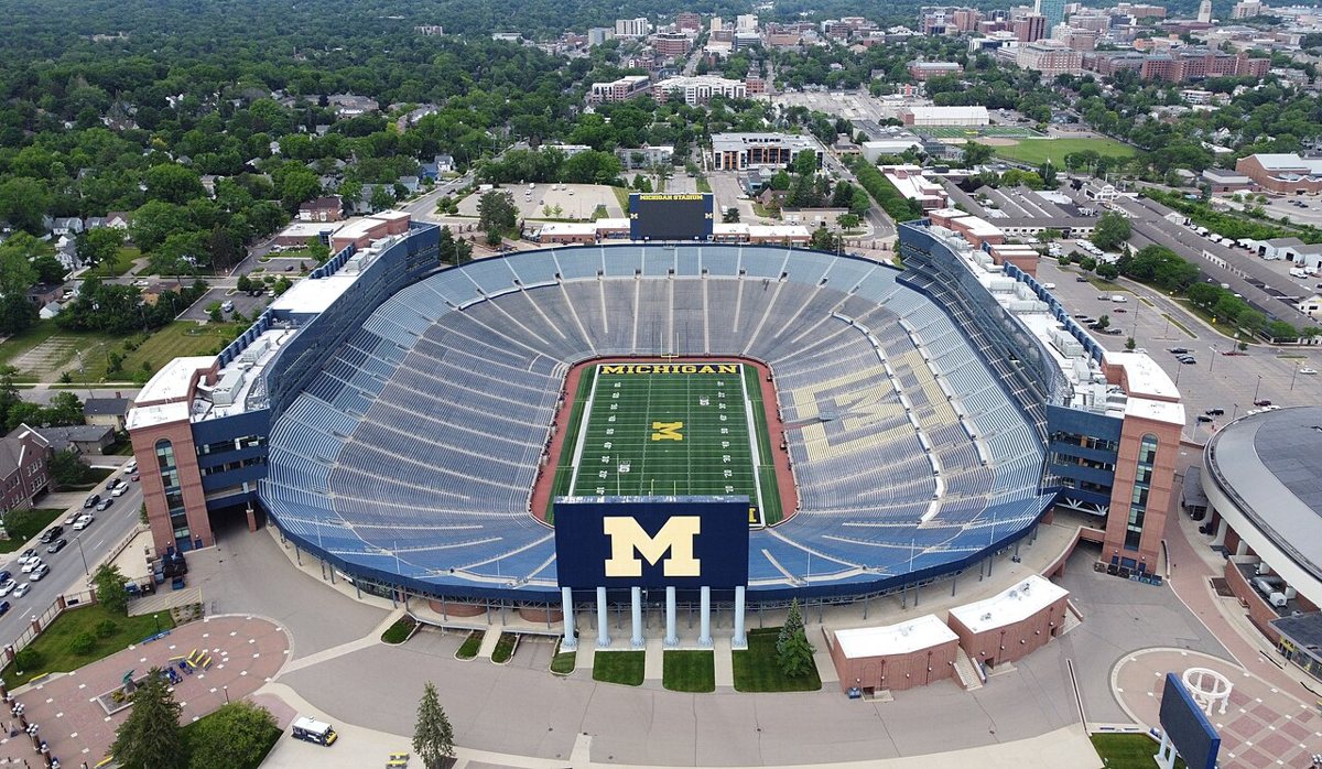 Aerial view of Michigan Stadium in Ann Arbor with the block M at midfield