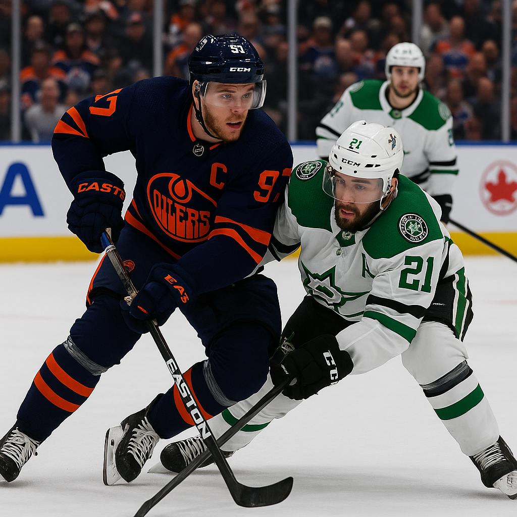 Connor McDavid Edmonton Oilers captain skating with the puck in a home playoff game ahead of Ducks at Oilers Game 5 at Rogers Place April 28 2026
