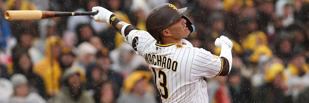 San Diego Padres third baseman Manny Machado at the plate at Petco Park against the Chicago White Sox on a Friday-night MLB matchup with the Padres team total set at 4.5