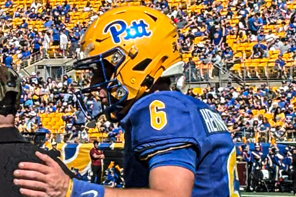 Pitt quarterback Mason Heintschel, number 6, at Acrisure Stadium