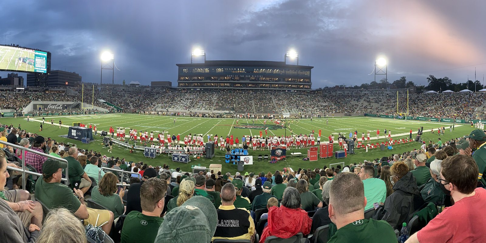 Protective Stadium in Birmingham under the lights during a UAB home game
