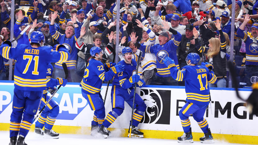 Buffalo Sabres playoff celebration after defeating the Boston Bruins, action photo from the 2026 Stanley Cup First Round series, Sabres lead 3-2 entering Game 6 at TD Garden