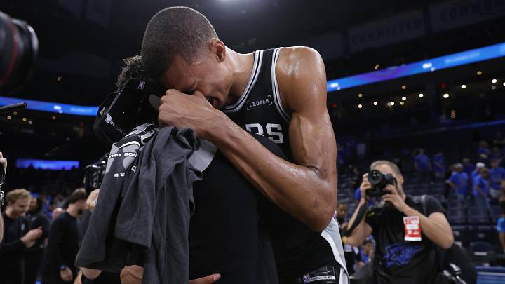 San Antonio Spurs star Victor Wembanyama on the court after the Game 7 win over the Thunder