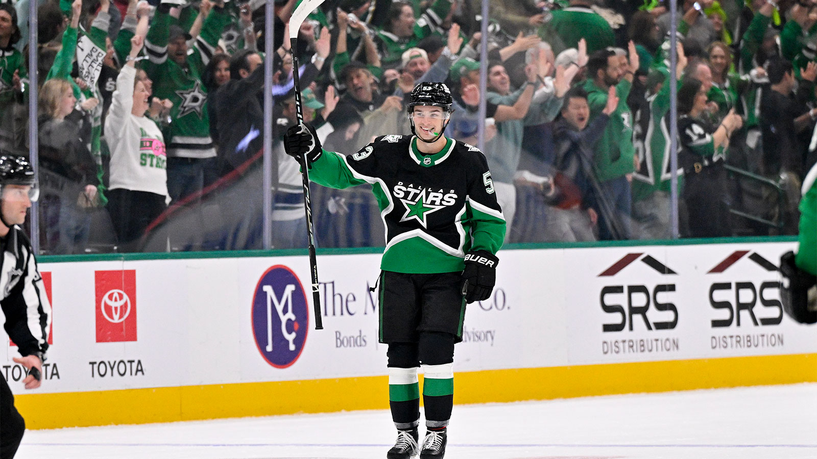 Wyatt Johnston celebrates a goal in Dallas Stars green and black during the 2026 Stanley Cup Playoffs