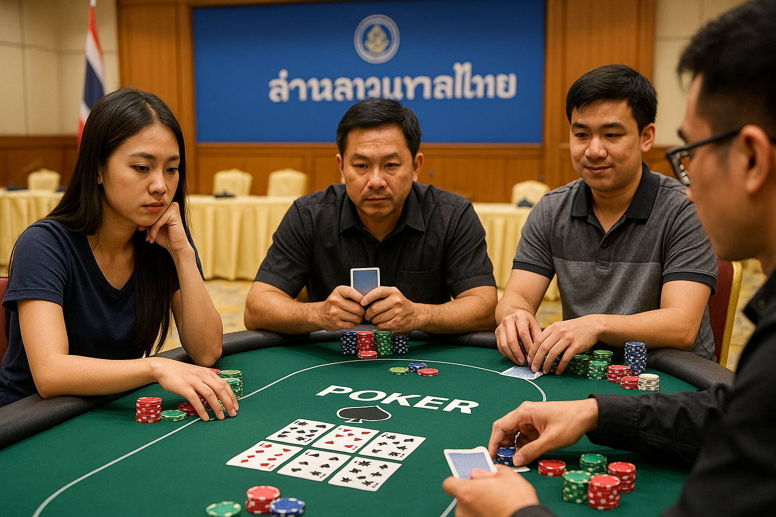 Poker chips and playing cards on a table representing poker's new status as an official sport in Thailand