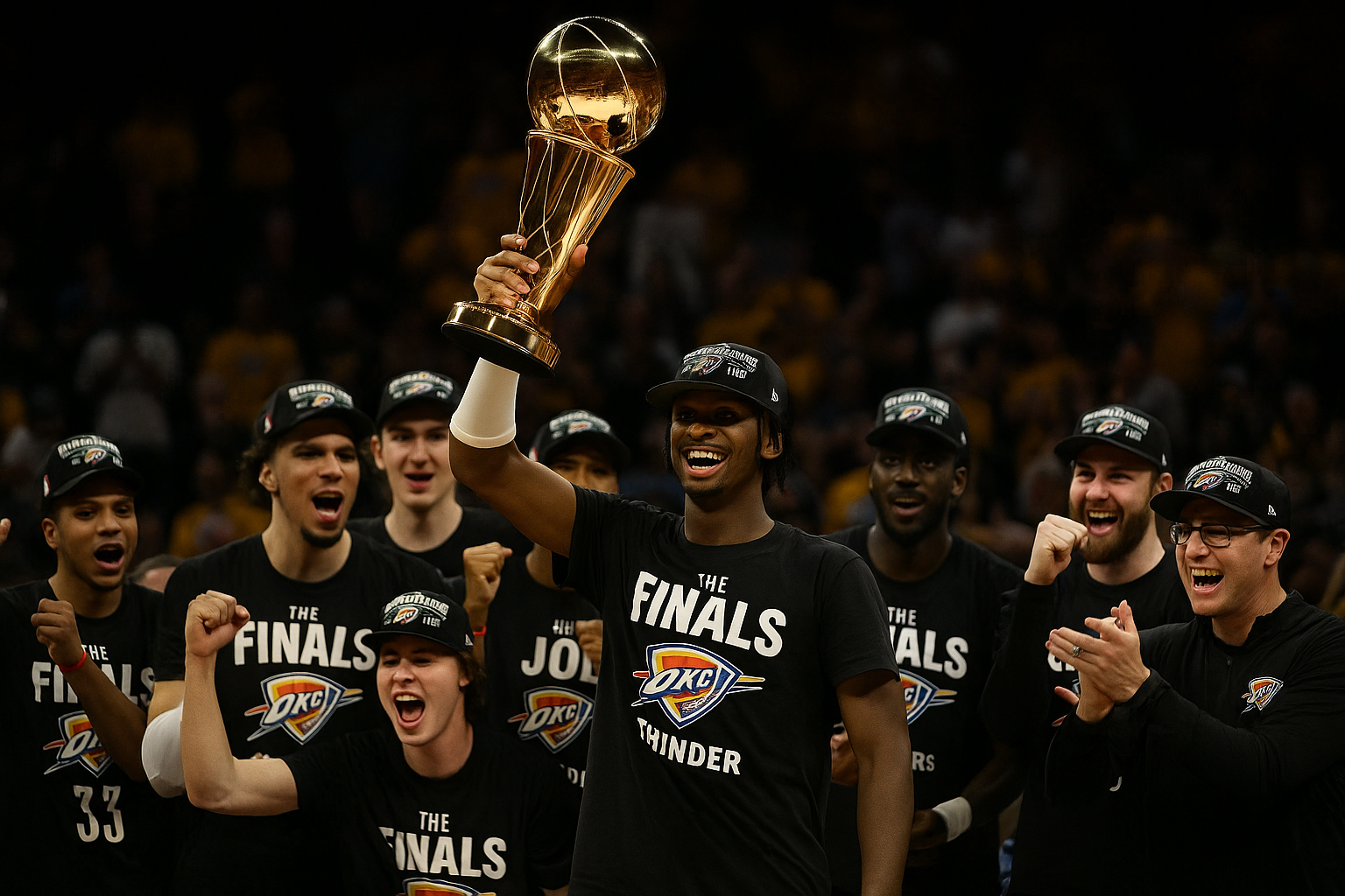 Oklahoma City Thunder players, including Chet Holmgren, celebrating their 2025 NBA championship victory amidst confetti.