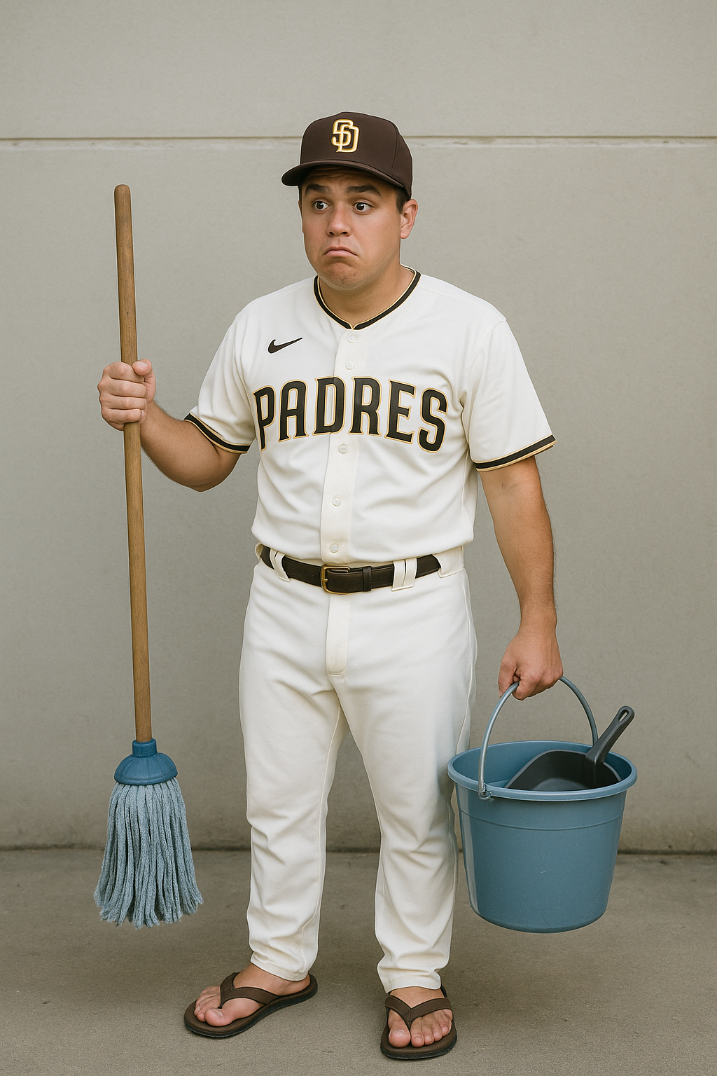 San Diego Padres logo with a mop and bucket, symbolizing the comical mistaken identity story of the janitor drafted to the MLB.