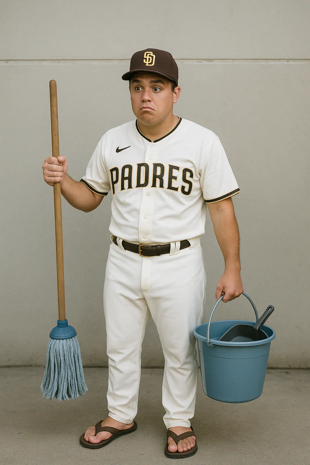 San Diego Padres logo with a mop and bucket, symbolizing the comical mistaken identity story of the janitor drafted to the MLB.