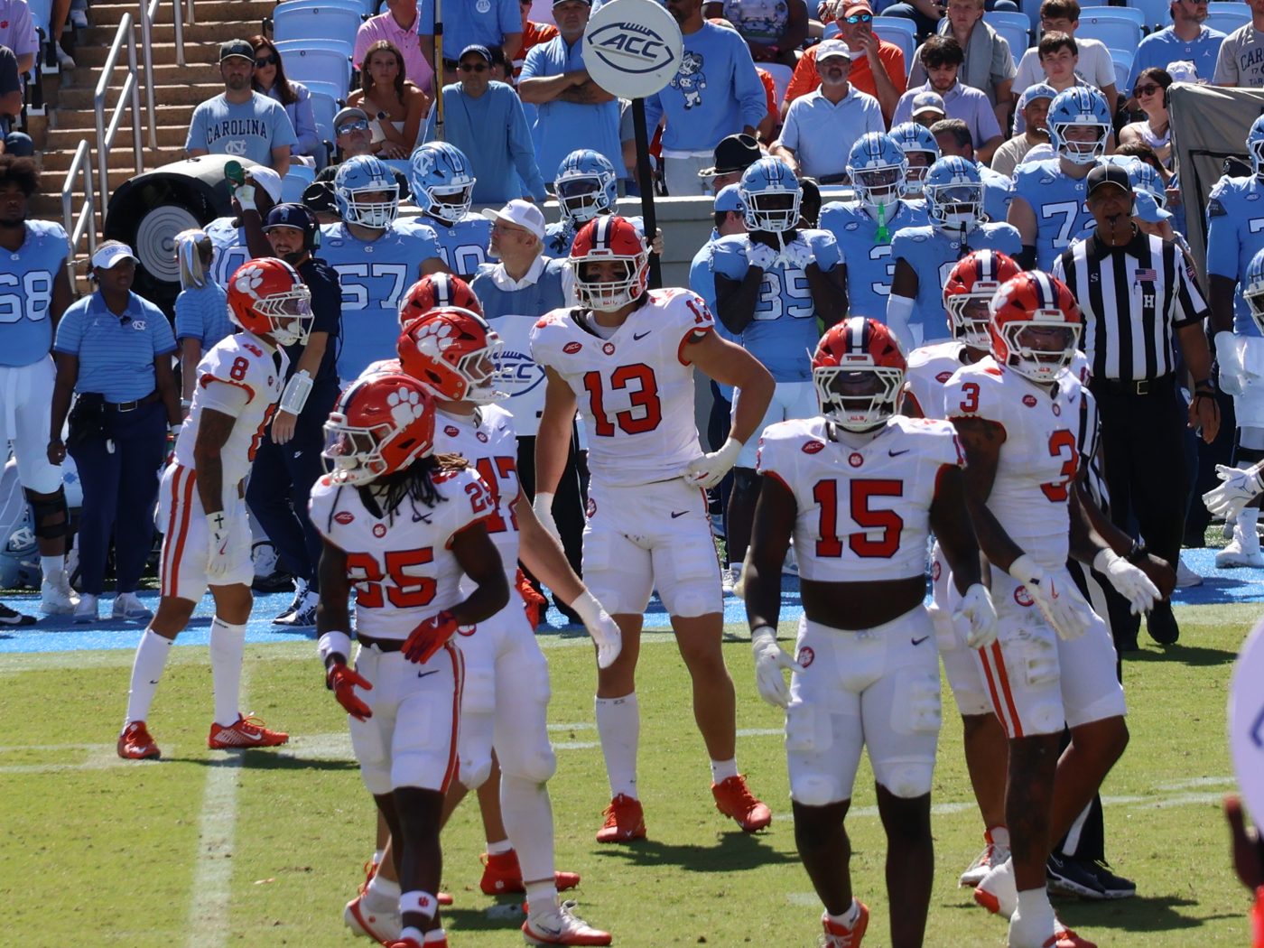 Clemson defensive end Will Heldt, number 13, on the field at North Carolina