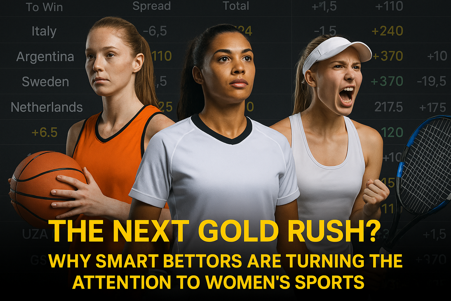 A composite image showing female athletes from basketball, soccer, and tennis, with betting odds graphics overlaid, representing the growing market for women's sports betting.